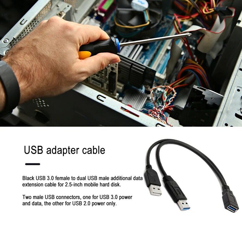 สายเคเบิลต่อข้อมูล Y พลังงานพิเศษ USB 3.0ตัวเมียไปยัง USB แบบคู่ชนิดสายส่วนขยายตัวแยกข้อมูลตัวผู้สีดำ