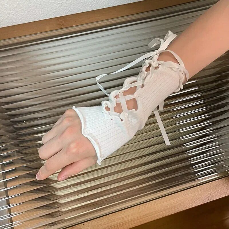 Sarung tangan wanita desain baru sarung tangan tanpa jari perban seksi untuk wanita Lolita Jk Emo Y2k sarung tangan Punk jaring elastis