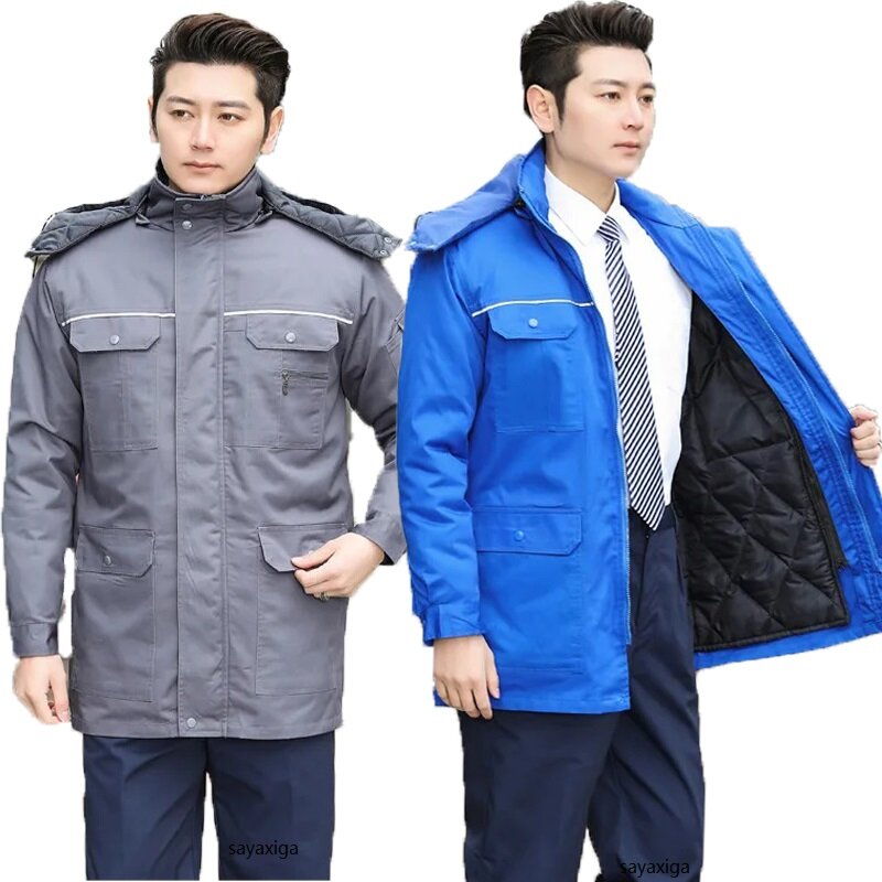 Jaqueta de trabalho com capuz acolchoada algodão grosso, bolsos múltiplos, roupa de segurança do trabalho, listras reflexivas, casaco quente