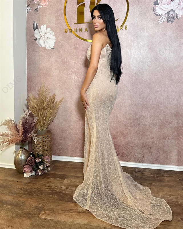 Oimg glänzende Elfenbein Pailletten formelle Abendkleid sexy lange Perlen Schatz Meerjungfrau Abschluss ball Party Kleider Frauen Dubai Promi Kleider