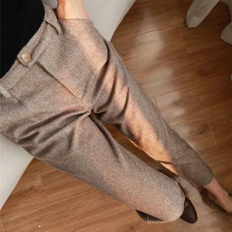 Women Pants Solid Color Suit Pants Herringbone Print Women's Suit Pants High Waist Slim Fit Thick Warm with Pockets for Formal