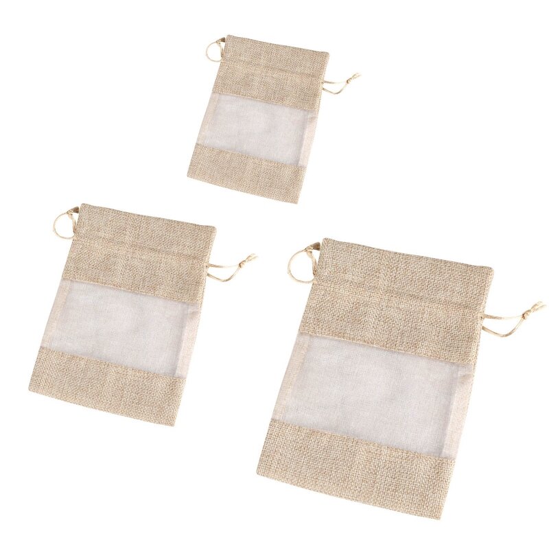 E74B Linen Burlap Organza Bag with Drawstring for Wedding Party Favors Cosmetic Samples Goodies
