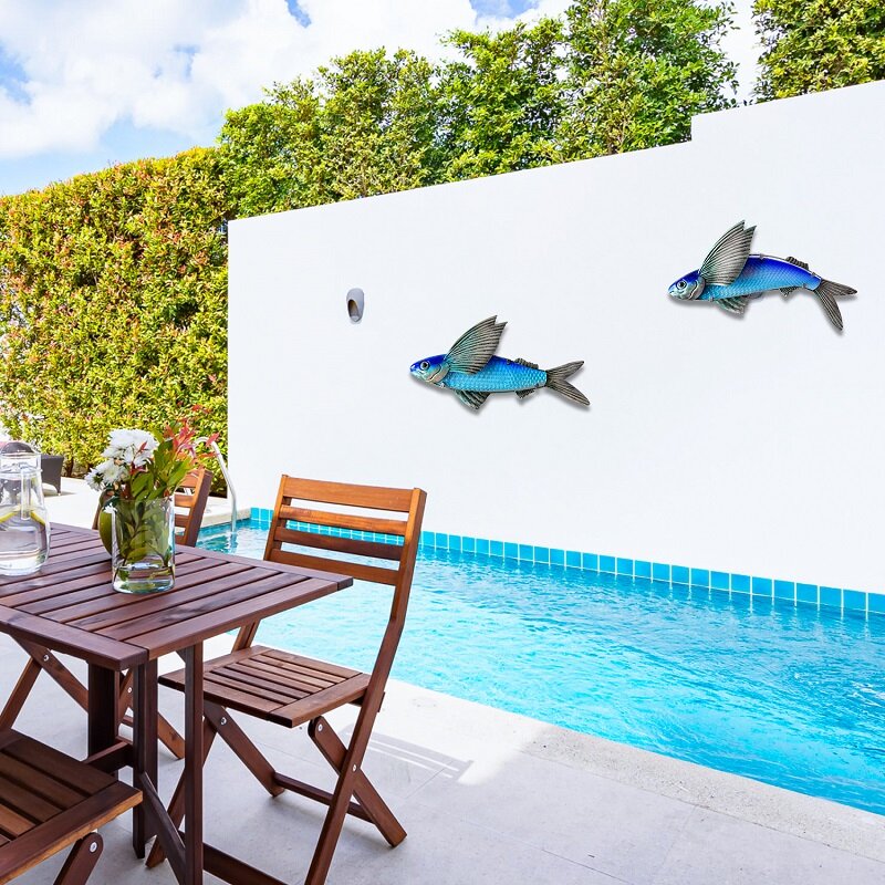 Escultura de pez volador de Metal para decoración de pared, arte colgante de 2 piezas, para interior, baño, exterior, playa, sala de estar