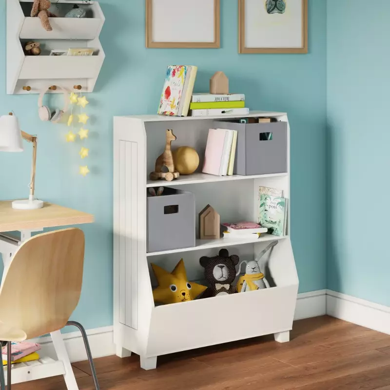 Детский 34-дюймовый книжный шкаф с органайзером для игрушек и 2 серыми корзинами