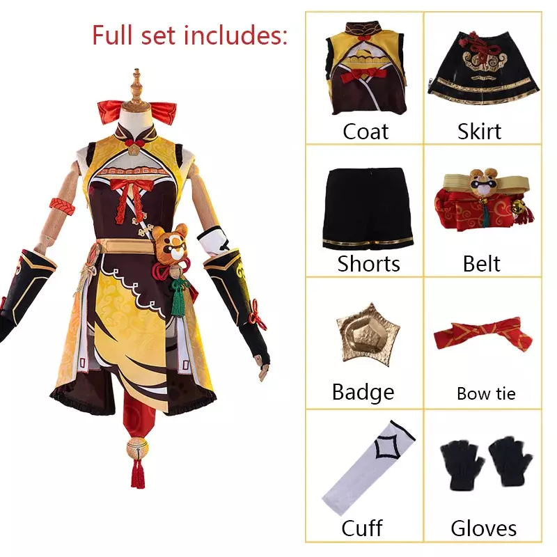 Disfraz de Anime Genshin Impact Xiangling para mujer, peluca, vestido, traje de fiesta de Halloween, uniforme, accesorios de Cosplay