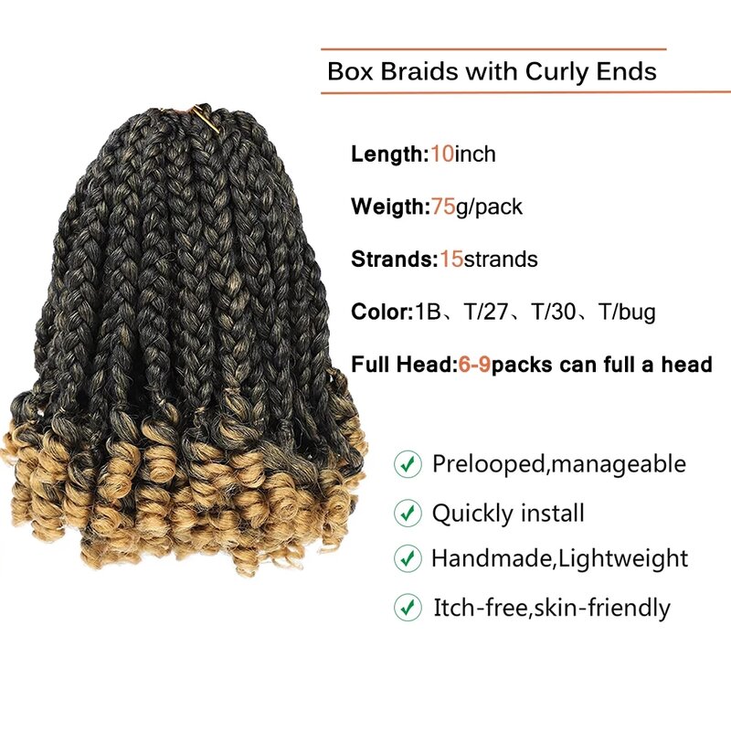 Sambraid Synthetic Crochet Hair Short Bob Box Braid with Curly Ends 10Inch Omber Blonde Pre Stretched Box Braids for Women Kids