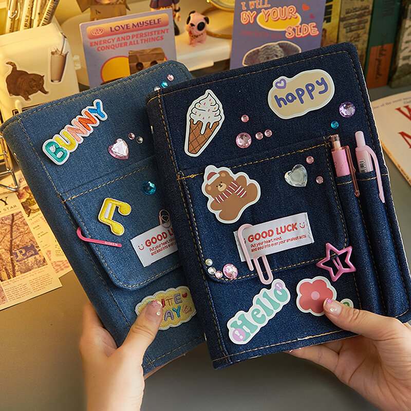 Creative Denim Notebooks, Binder Journal, Hand Ledger Diário com Bolso, Girl Notebook, Armazenamento de papelaria, Material Escolar Coreano