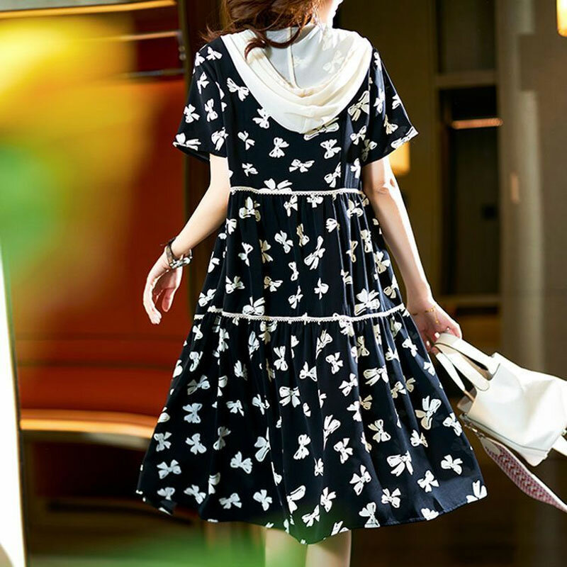 Women's Clothing Loose Hooded Dresses Fashion Bow Printed Casual Lace Spliced Summer Short Sleeve A-Line Drawstring Midi Dress