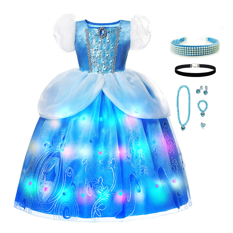 Gaun putri Disney menyala LED untuk anak perempuan kostum Halloween Cosplay komik Cinderella Con gaun jubah pesta Halloween