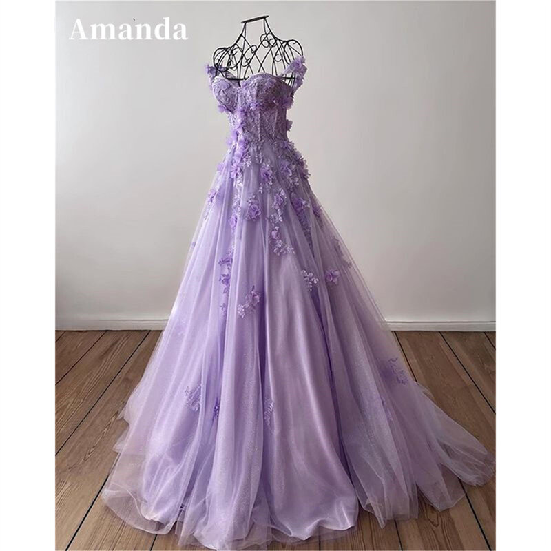 Amanda Princess 3D Flower Evening Dress, Doce A-Line Tule, Vestido de baile roxo, Artesanal, Flor