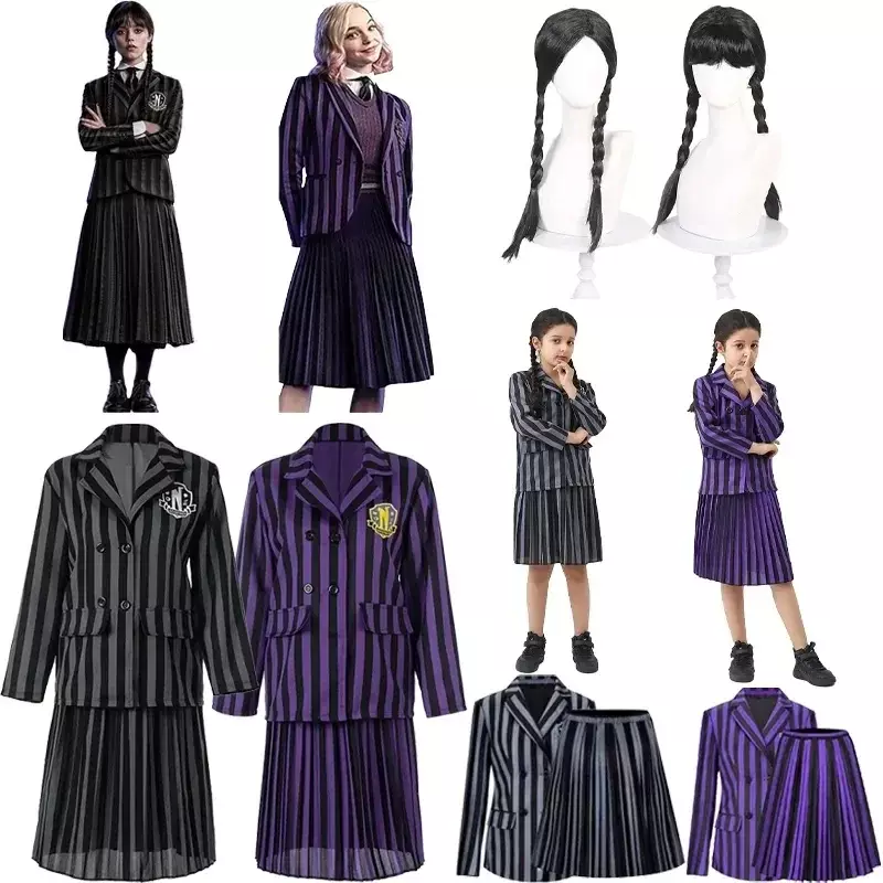 Addams Wednesday Halloween Costume Kids Girls Adult Family Birthday Party Nevermore Academy Uniform Clothes Hand Wig Cosplay