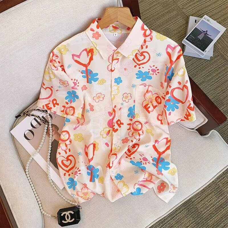 Blusa holgada informal para mujer, camisa de chifón de manga corta con bolsillo estampado y cuello de Polo para vacaciones y playa, novedad de verano 2024