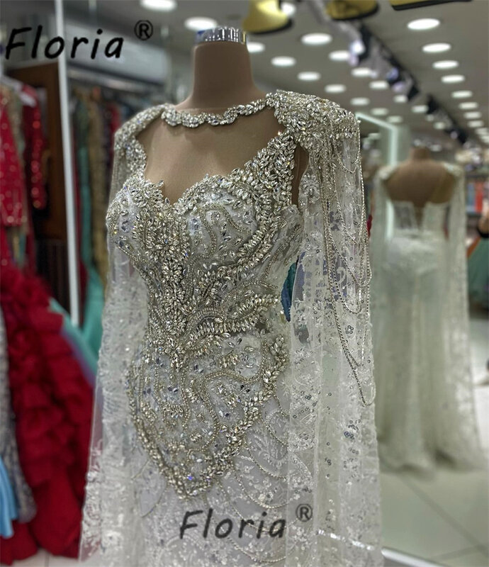 Dubai Arabic Crystal Beads Cape Sleeves abito da sposa strass pesanti personalizza abito da sposa a sirena abiti da sera lunghi