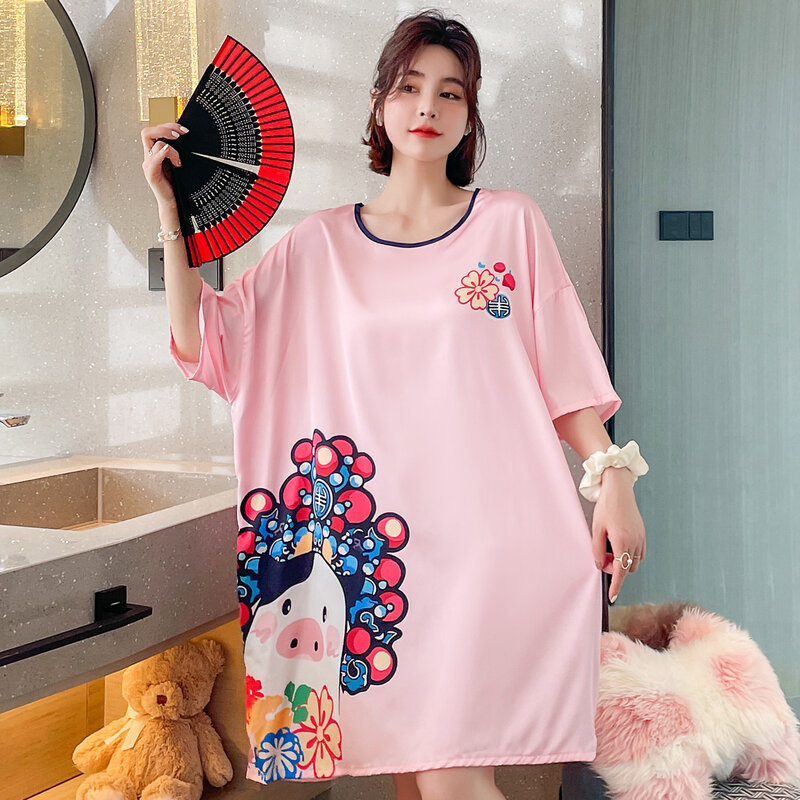 Chinese Nightgowns Cartoon Pig Nightdress Plus Size Pajamas Dress Short Sleeve Sleepwear Women One Piece Dress Home Clothes