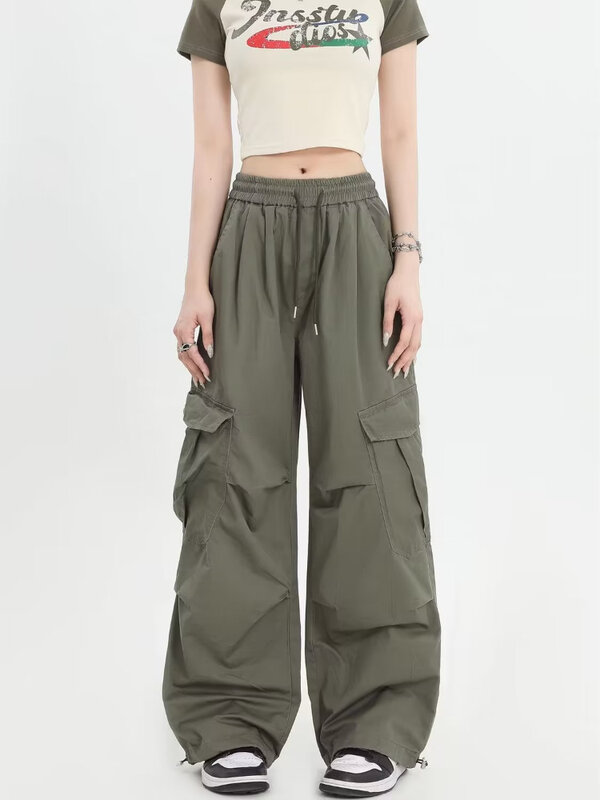 Celana Solid gaya Safari, celana kerja anak-anak bersaku besar longgar pakaian jalanan Retro sederhana Amerika