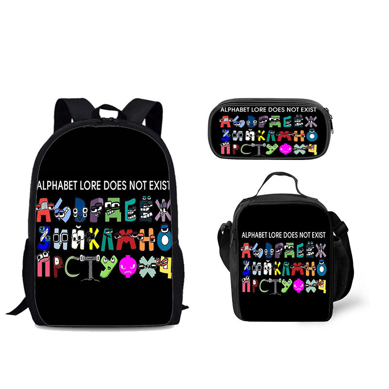 Cartoon Alphabet Pattern 3pcs/Set Backpack 3D Print School Student Bookbag Anime Laptop Daypack Lunch Bag Pencil Case Kid Gift