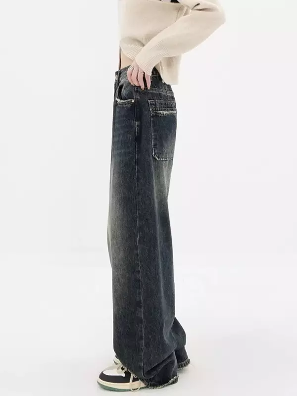 Wischen Jeans Frauen Retro rohe Rand Taschen Baggy elastische Taille amerikanischen Stil gewaschen gerade Streetwear trend ige coole Chic bf