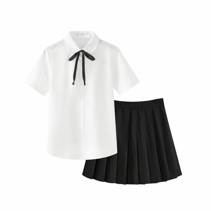 Ebaihui Zomer Preppy Stijl Japans Uniform Shirt Jk Geplooide Rok Set Blouse Dames Top Met Korte Mouwen