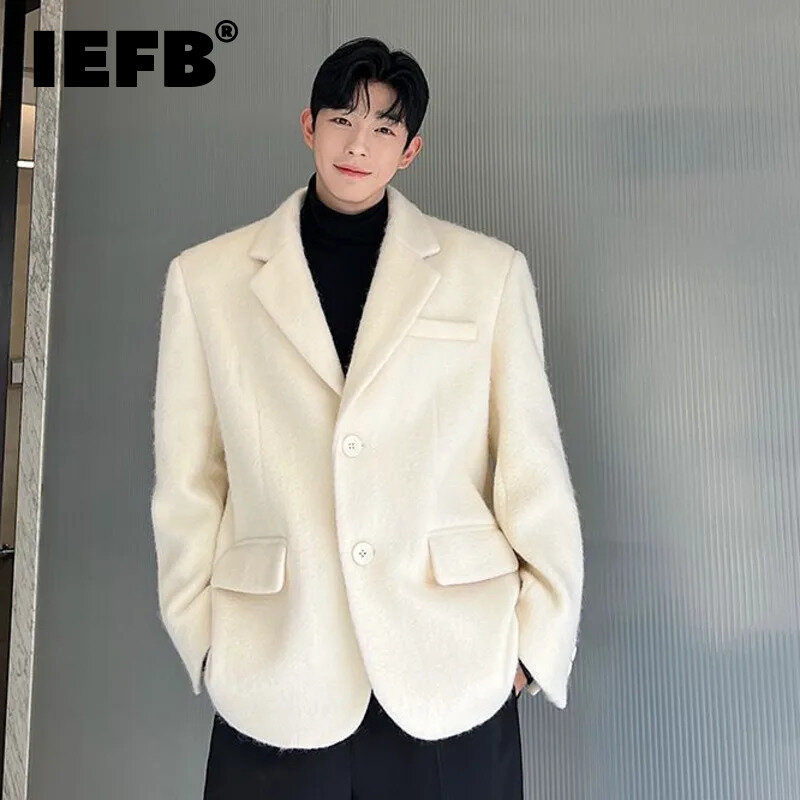 IEFB 한국 시크 남성 모직 재킷 패션 라펠 싱글 브레스트 포켓 코트, 2023 가을 겨울 캐주얼 남성 의류, 핑크 9C2886