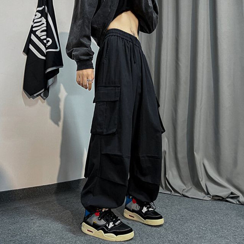 Celana kargo 2024 hitam untuk pria, celana kargo ukuran besar longgar hijau pria, celana panjang kasual Jepang Streetwear Hip Hop bersaku ukuran besar