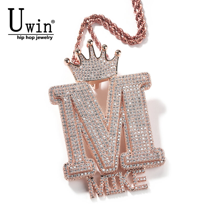Uwin-letra grande com coroa Bail, pingente personalizado, letras iniciais Mini, micro Pave CZ colar, jóias