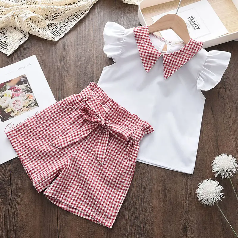 곰 리더 소녀 의류 세트, 꽃무늬 시폰 홀터 + 자수 반바지, 빨대 아동복, 2023 여름