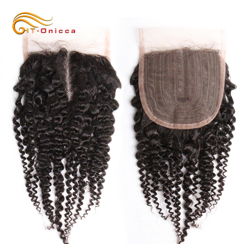 Htonicca-cabelo humano encaracolado com fechamento de laço, cabelo brasileiro, 4x1 t, cor natural, parte interna, fechos cacheados