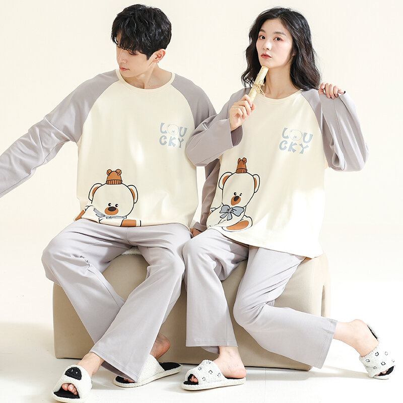 Autumn Cartoon Bear Women Men Pajama Set Couples Sleepwear Korean Pijamas Long Sleeve Cotton pijamas de pareja hombre y mujer