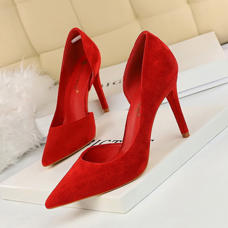 Wonen-zapatos de tacón fino con punta aterciopelada para mujer, calzado de oficina a la moda, con boca baja, 9,5 CM