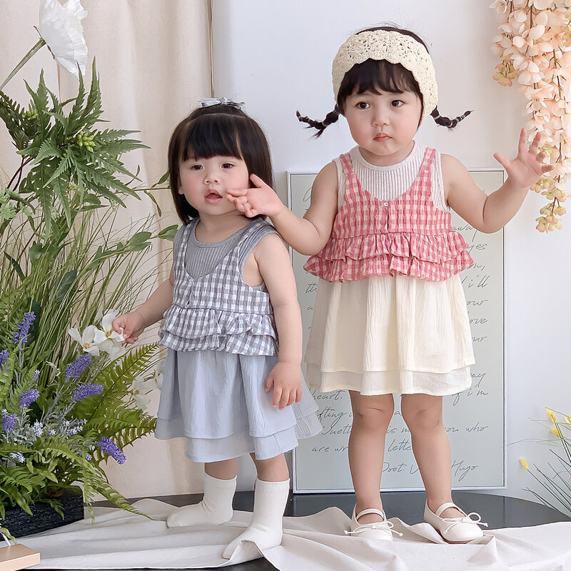 Summer New Newborn Girls 2PCS Clothes Set Sleeveless Round Collar Tops Plaid Patchwork Knee Length Dress Suit Baby Girls Outfits