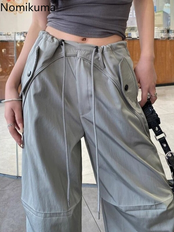 Streetwear celana kaki lebar wanita, celana kasual lurus pinggang tinggi Bawahan kasual modis Korea Y2k Pantalon Femme 2024