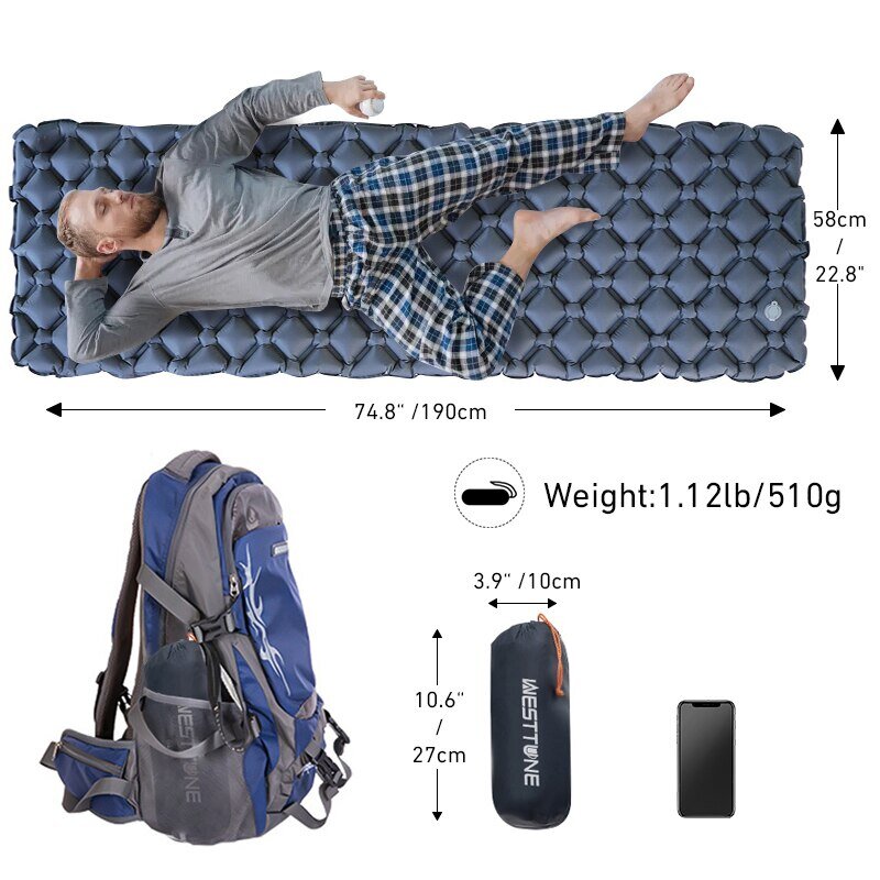 WESTTUNE-Camping Sleeping Pad, colchão inflável ultraleve, almofada de ar portátil ao ar livre, esteira para viagens, caminhadas