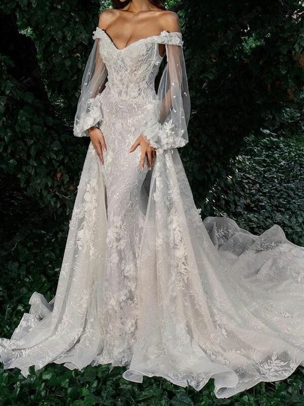 Gaun pengantin wanita Tulle bahu terbuka seksi gaun pengantin putri duyung motif bunga renda panjang pel gaun pengantin putri Vestido De Novia