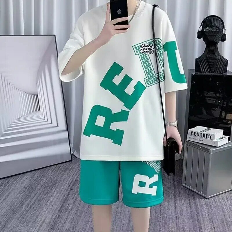 HOUZHOU Two Piece Men Tracksuit Oversized Shorts Sets Summer Print Korean Fashion Short Sleeve Tops Male Sports Casual Suits