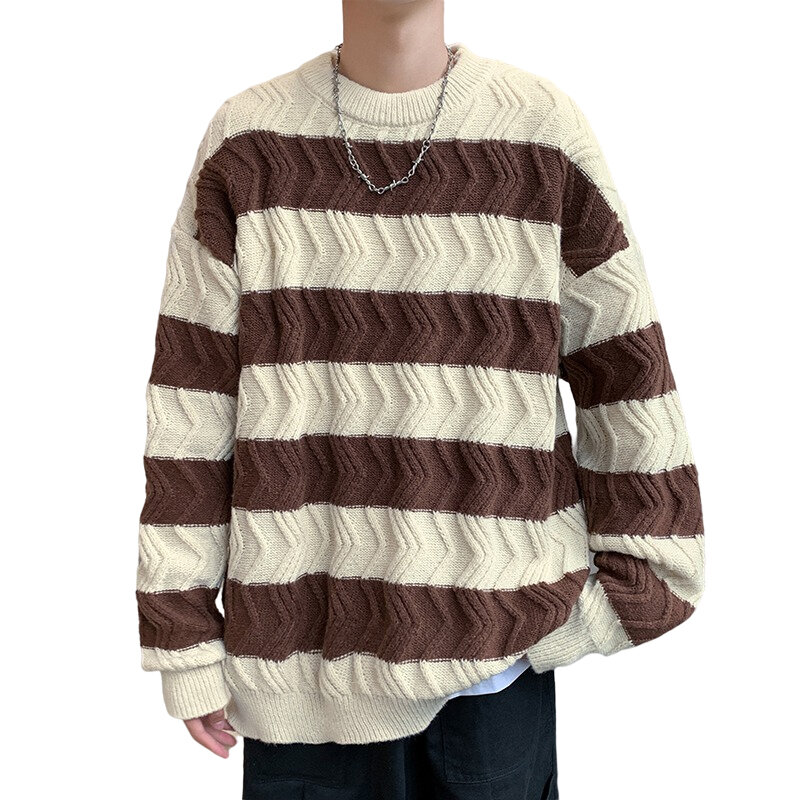 Crew neck sweater Men's autumn and winter loose wind stripe contrast color sweater sweater