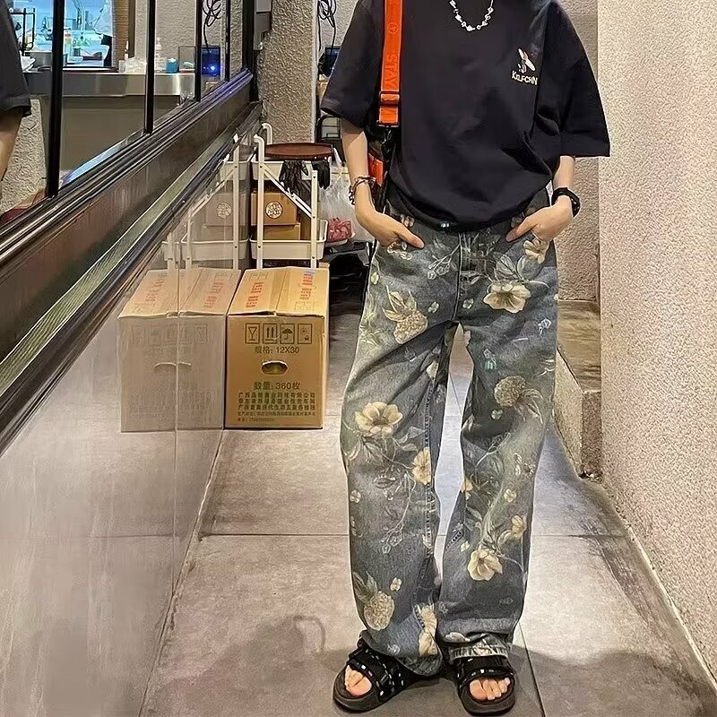 2024 Herren Blume gedruckt Jeans y2k Grafik Denim Harajuku Gothic Mitte Taille Straight-Leg Hosen Mann koreanische Mode Streetwear