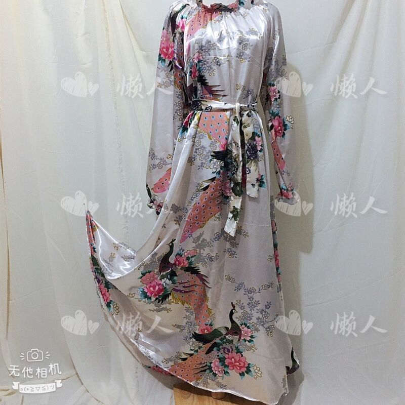 Glossy Bird Print Women Satin Long Sleeve Dress With Sash Loose Maxi dress Plus Size Sleeping Robe