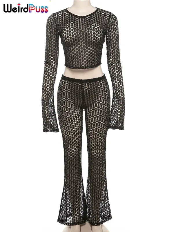 Сексуальный женский комплект из 2 предметов, сексуальный хипстерский короткий топ с расклешенными рукавами и брюки, эластичная облегающая одежда для ночных клубов