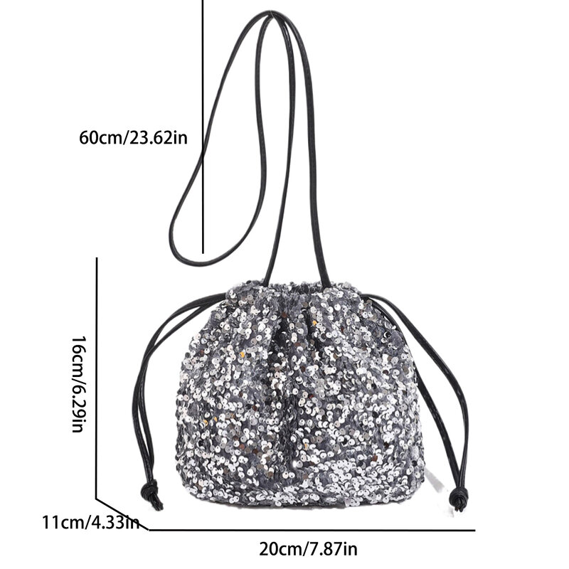 Silver Sequined Shoulder Bags For Women 2024 Luxury Designer Handbags And Purse Fashion Drawstring Crossbody Bag Bucket Bolsas