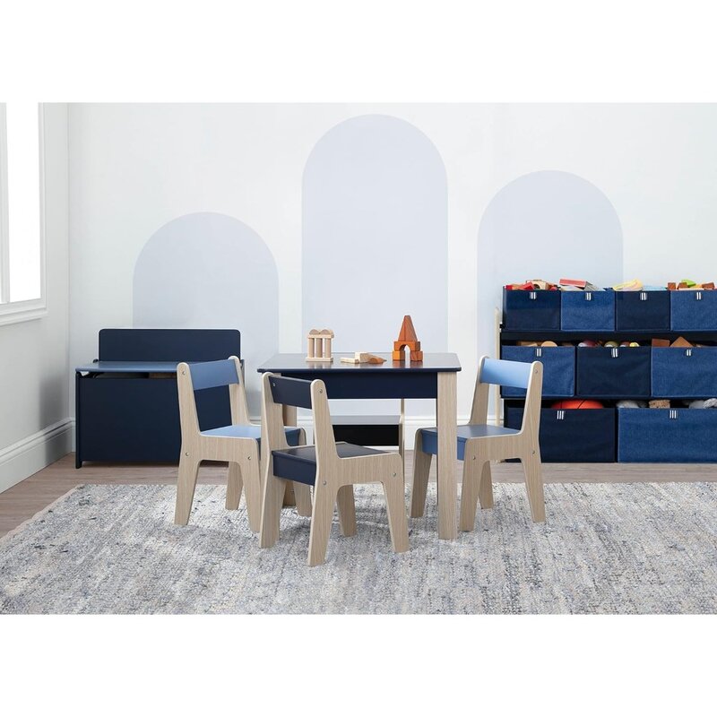 Set furnitur meja dan kursi anak-anak, meja dan 4 kursi set-greenguard bersertifikat emas, biru laut/alami