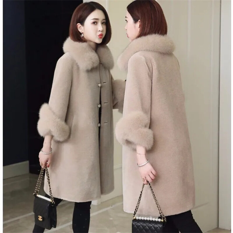 2023 Autumn Winter New Imitation Sheep Shearing Coat Women's Mid Length Lmitation Fox Fur Collar Grain Fur Imitation Fur Coat