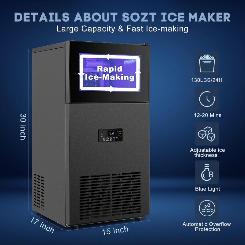 Upgraded Commercial Ice Maker 130LBS24H with 35LBS Storage Bin,15 Wide Frosted Black Undercounter/Freestanding Ice Maker Machine