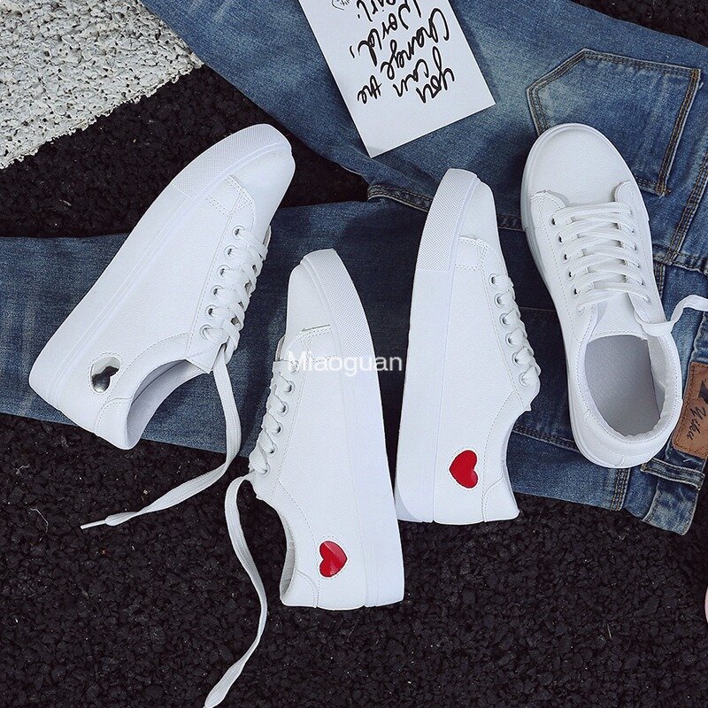 Summer Woman's Vulcanize Shoes 2024 White Casual New Ladies Sneakers Fashion Flats Heart Lace-up PU Spring Sneaker Tennis Female