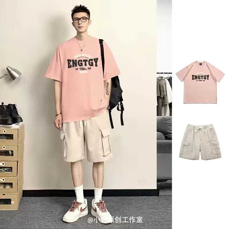 2024 New Summer Print Pure Cotton Short Sleeve T-shirts Shorts Couple Trendy Brand Match Loose Man Outdoor Casual O Neck Tee