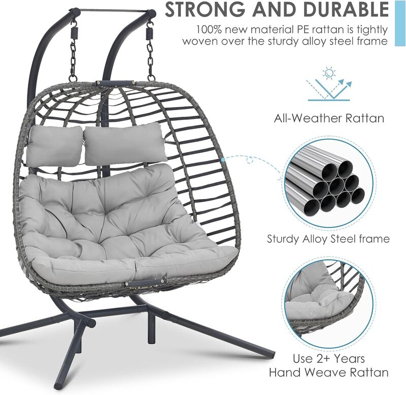 Brafab-cadeira de ovo duplo balanço com suporte, grande cadeira de vime de vime tecida à mão para 2 pessoas