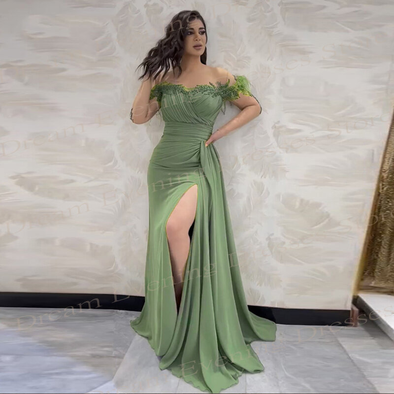 Arabic Fascinating Green Women's Mermaid Sexy Evening Dresses Off The Shoulder Beaded Prom Gowns Side High Split Robe De Soiree
