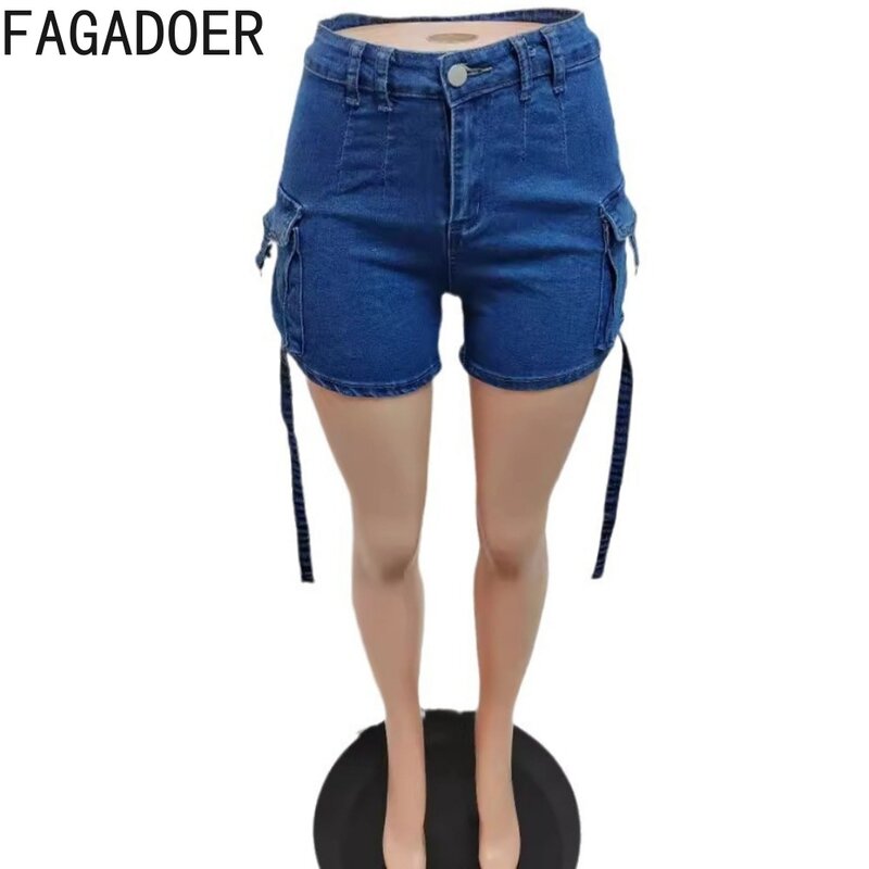 Fagadoer กางเกงยีนส์ celana pendek DENIM ผ้ายืดสีฟ้าฟอกน้ำสำหรับผู้หญิงเอวสูงมีกระเป๋ามีกระดุมกระเป๋ากางเกงคาวบอยแฟชั่นสีทึบฤดูร้อน
