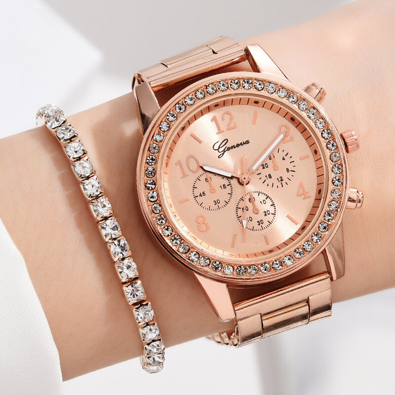 Jam tangan wanita kasual, 5 buah/Set mewah cincin kalung anting-anting berlian imitasi gelang Set Jam