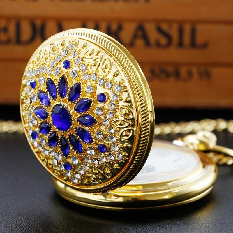 럭셔리 브랜드 여성용 포켓 시계, 풀 다이아몬드 빈티지 체인 시계, 골드 여성용 쿼츠 포켓 시계