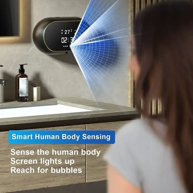 Dispensadores de jabón de espuma líquida creativos, pantalla de temperatura de tiempo, inducción del cuerpo humano, lavado de manos, dispensador de jabón automático impermeable